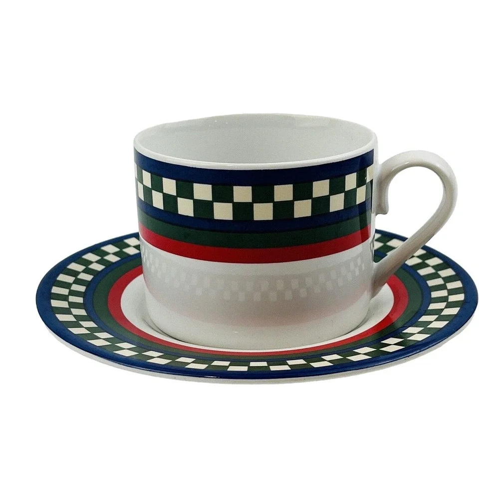 Ella's Rooster Flat Cup & Saucer Set Bob Timberlake Green‎ Checkerboard Trim